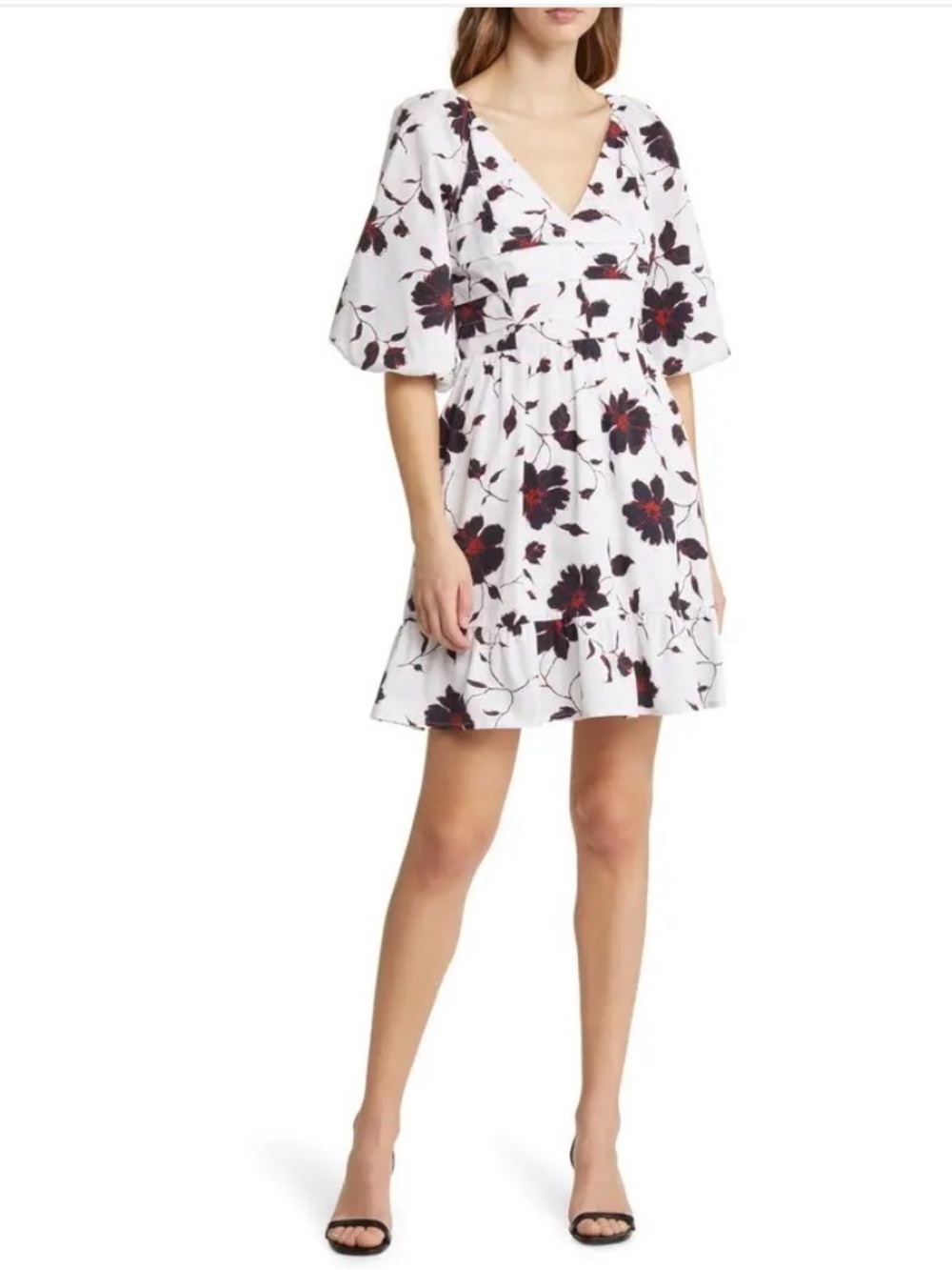 Du Paradis Floral Cotton Puff Sleeve Dress White Floral V-Neck Sz S